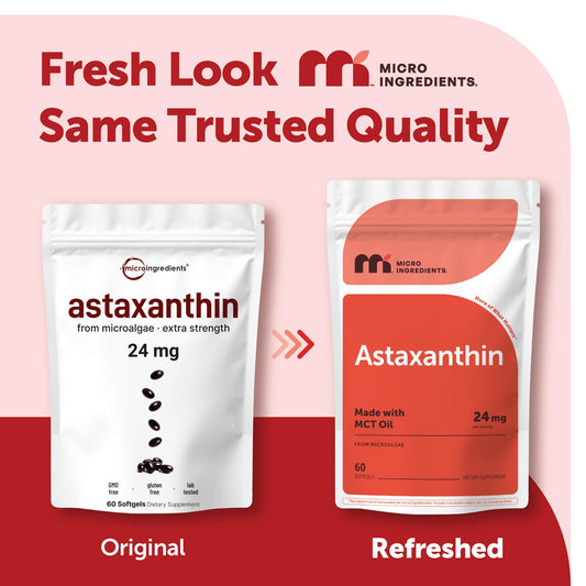 Micro Ingredients Astaxanthin bottle close-up, non-GMO and gluten-free for daily antioxidant use.