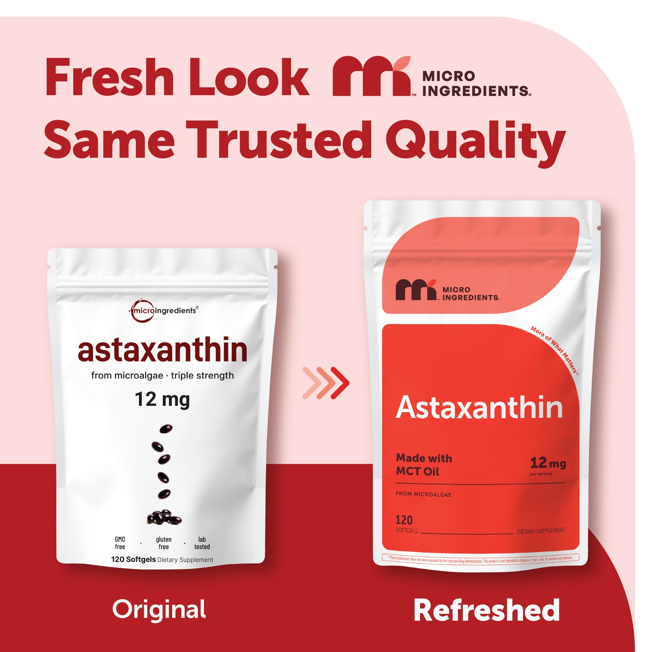 Micro Ingredients Astaxanthin softgels closeup showing easy-to-swallow design