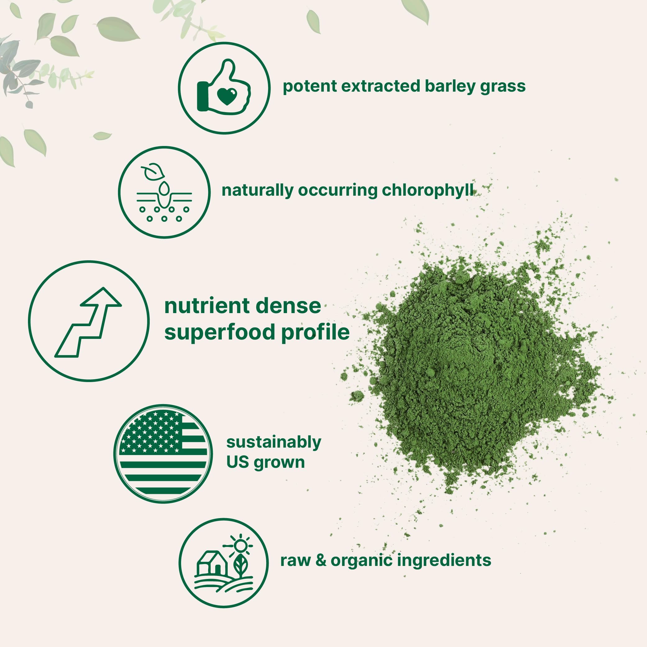 Label highlights non GMO and US-grown barley grass with third-party testing