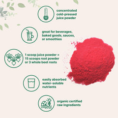 Micro Ingredients beet root juice powder dissolving in water glass for quick beverage mix.