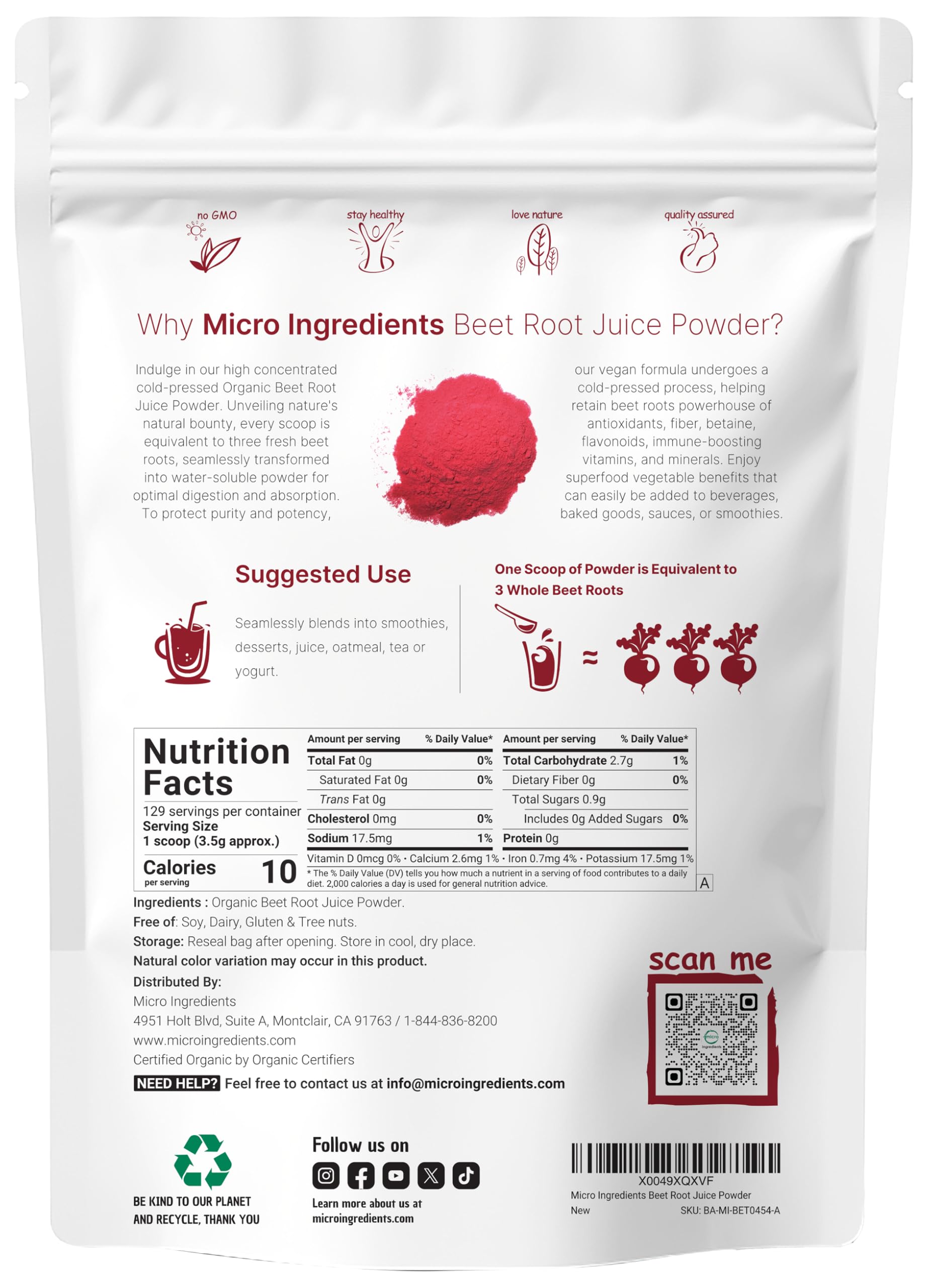 Micro Ingredients beet root juice powder scoop for easy, convenient smoothie servings.