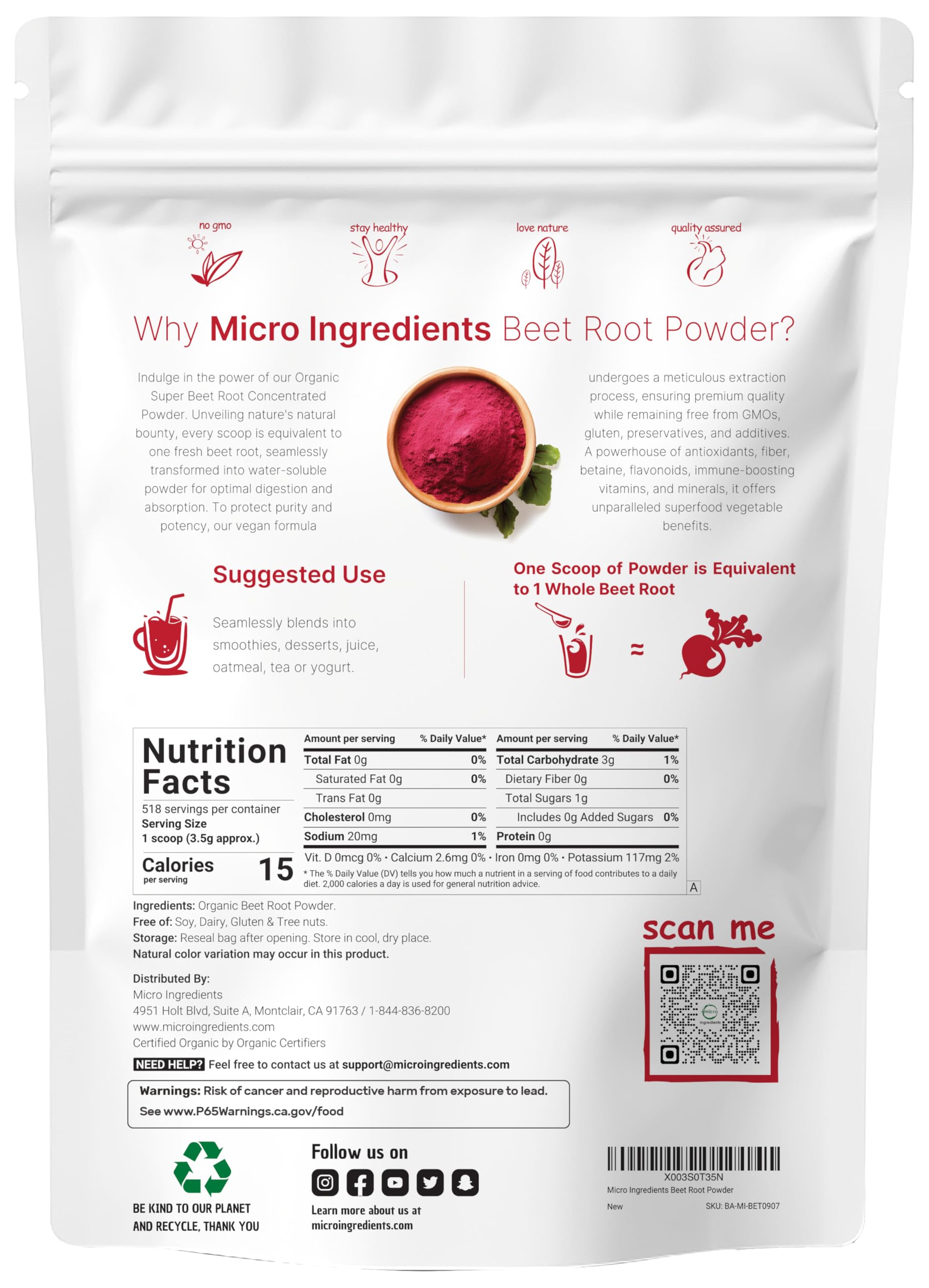 Micro Ingredients beet root powder scoop included for precise servings.