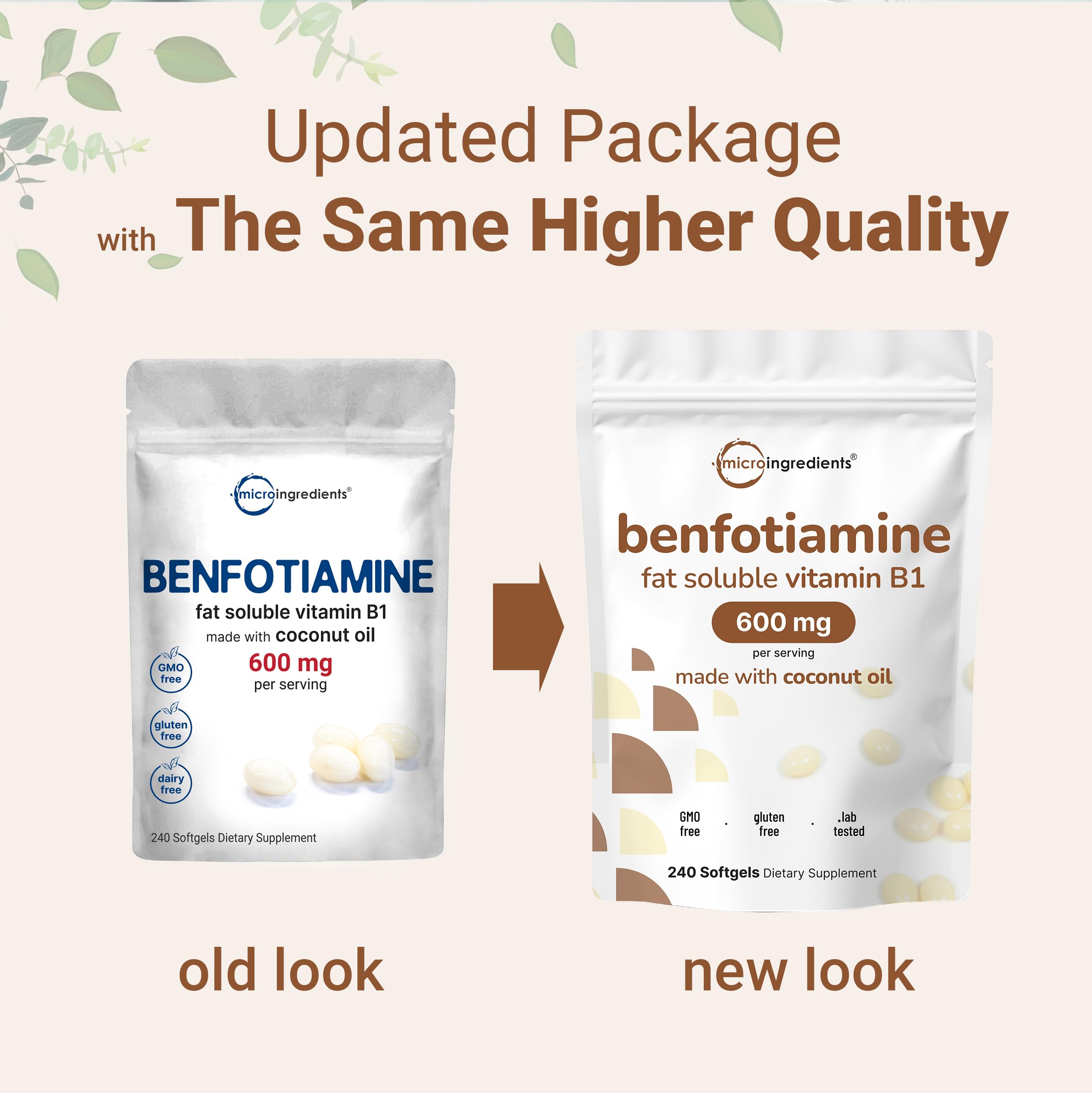 Micro Ingredients benfotiamine softgels close-up showing coconut oil formula for absorption.