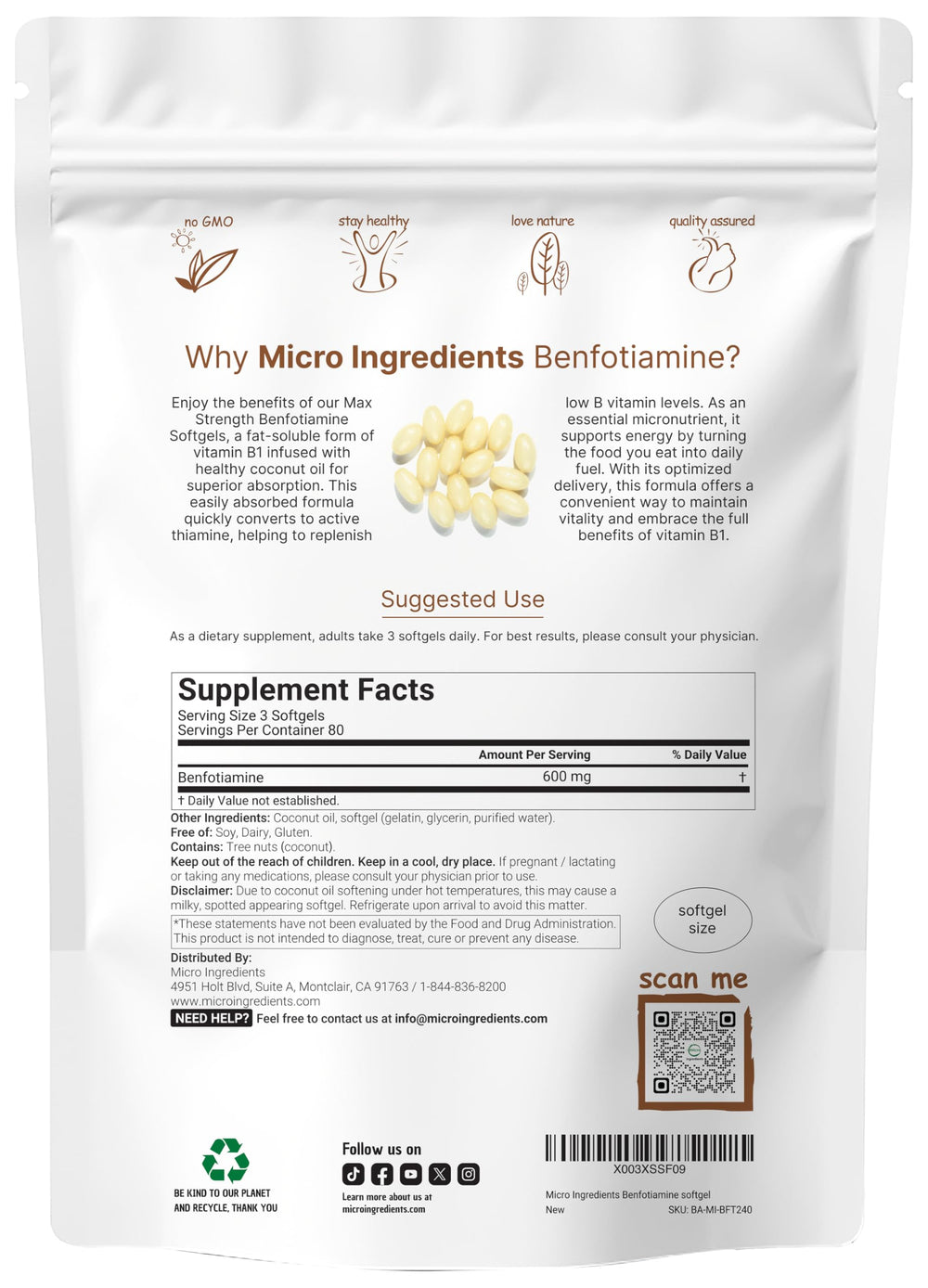 Micro Ingredients benfotiamine softgels pouch front view with 240-count supply.