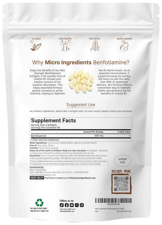 Micro Ingredients benfotiamine softgels pouch front view with 240-count supply.