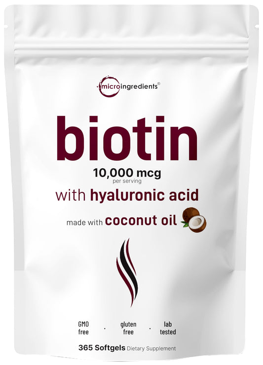 Micro Ingredients Biotin Hyaluronic Softgels bottle for daily hair and skin support.