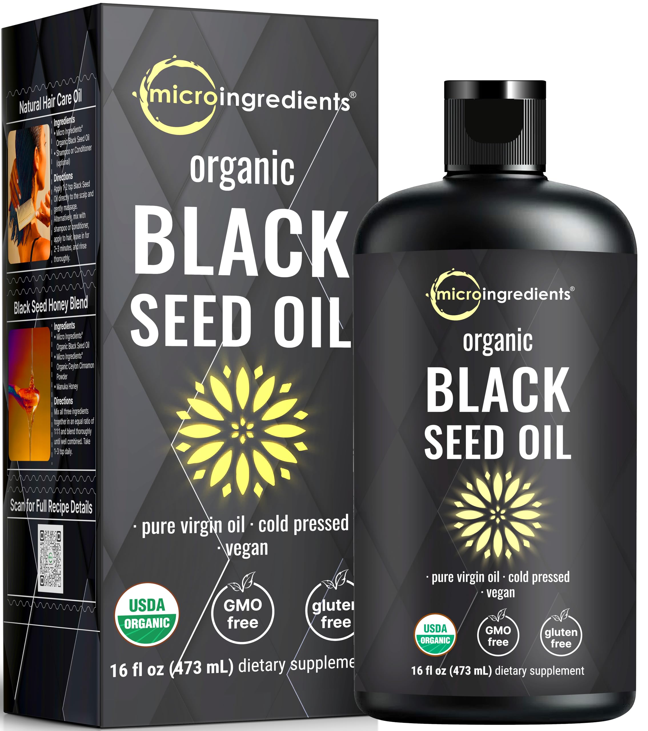 Micro Ingredients black seed oil bottle 16oz on a kitchen shelf for daily use.