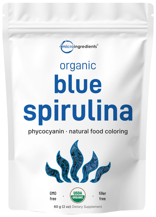 Micro Ingredients blue spirulina powder bottle shows vibrant color for smoothies.