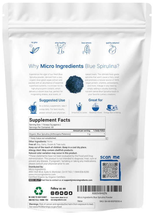 Pouring Micro Ingredients blue spirulina powder highlights natural luminous blue in drinks.
