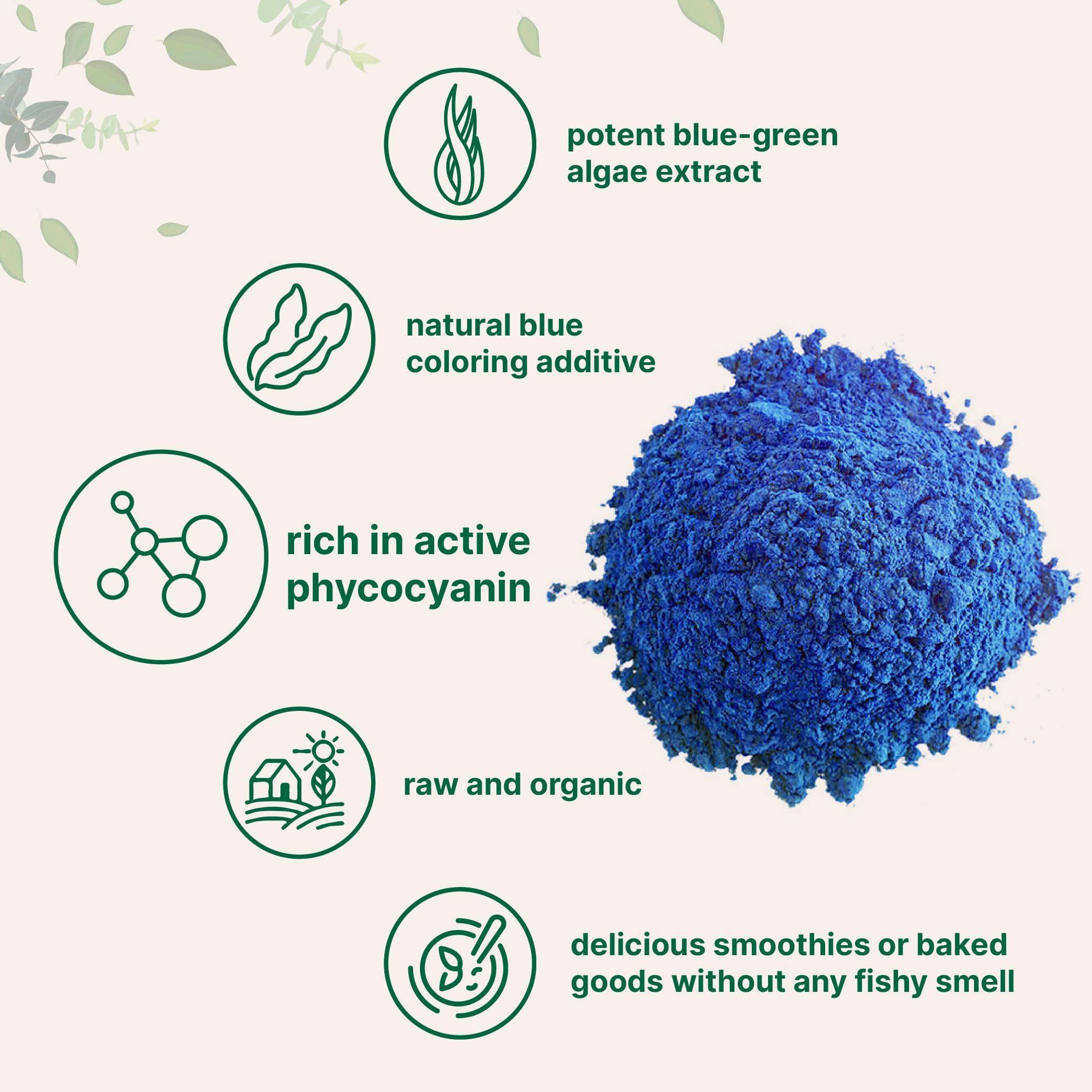 Scoop of Micro Ingredients blue spirulina powder reveals 60 servings of vegan color.