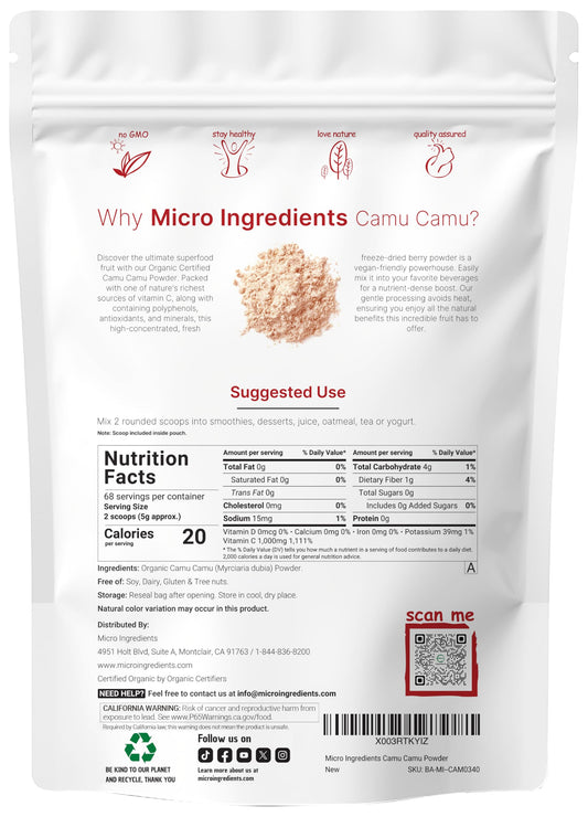 Micro Ingredients Camu Camu powder with spoon for easy daily mixing.