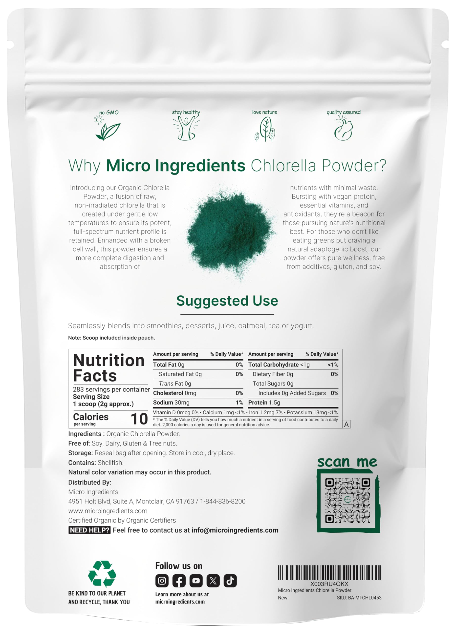 Organic chlorella powder jar ready for raw vegan greens in daily meals.