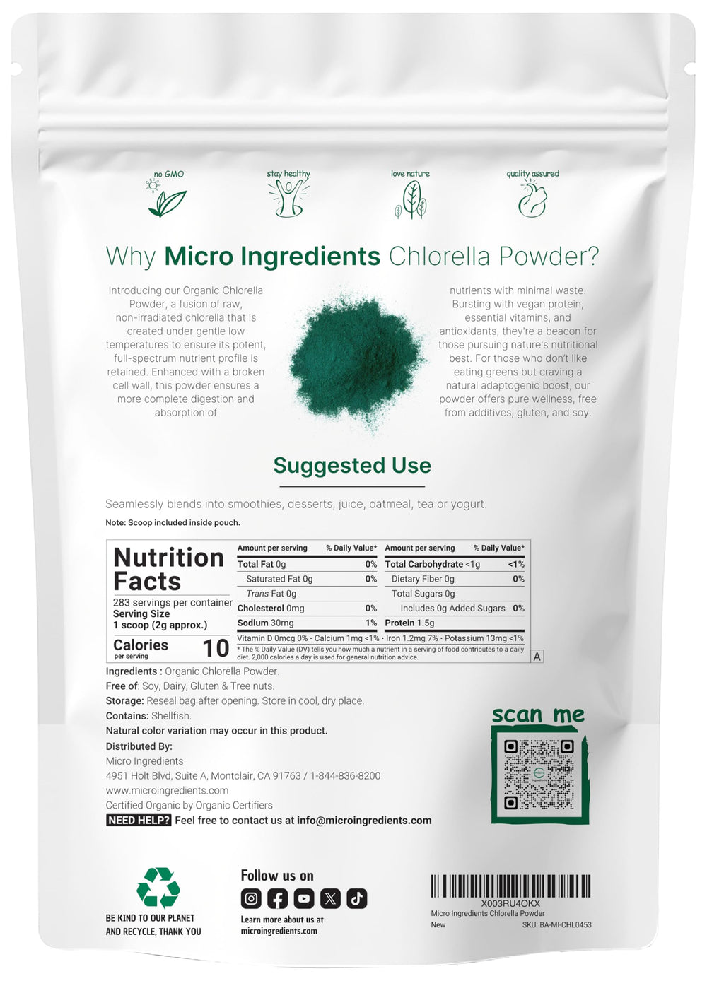 Organic chlorella powder jar ready for raw vegan greens in daily meals.