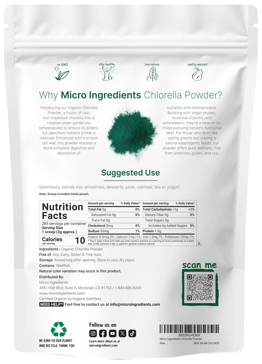 Organic chlorella powder jar ready for raw vegan greens in daily meals.