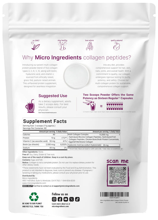 Micro Ingredients collagen powder scoop demonstrates easy dosing and quick dissolving in beverages.