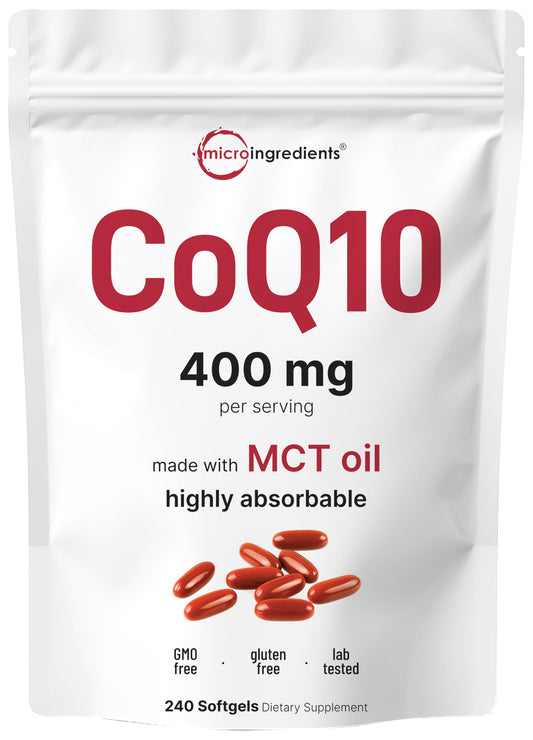 Micro Ingredients CoQ10 400mg softgels bottle for daily energy support.