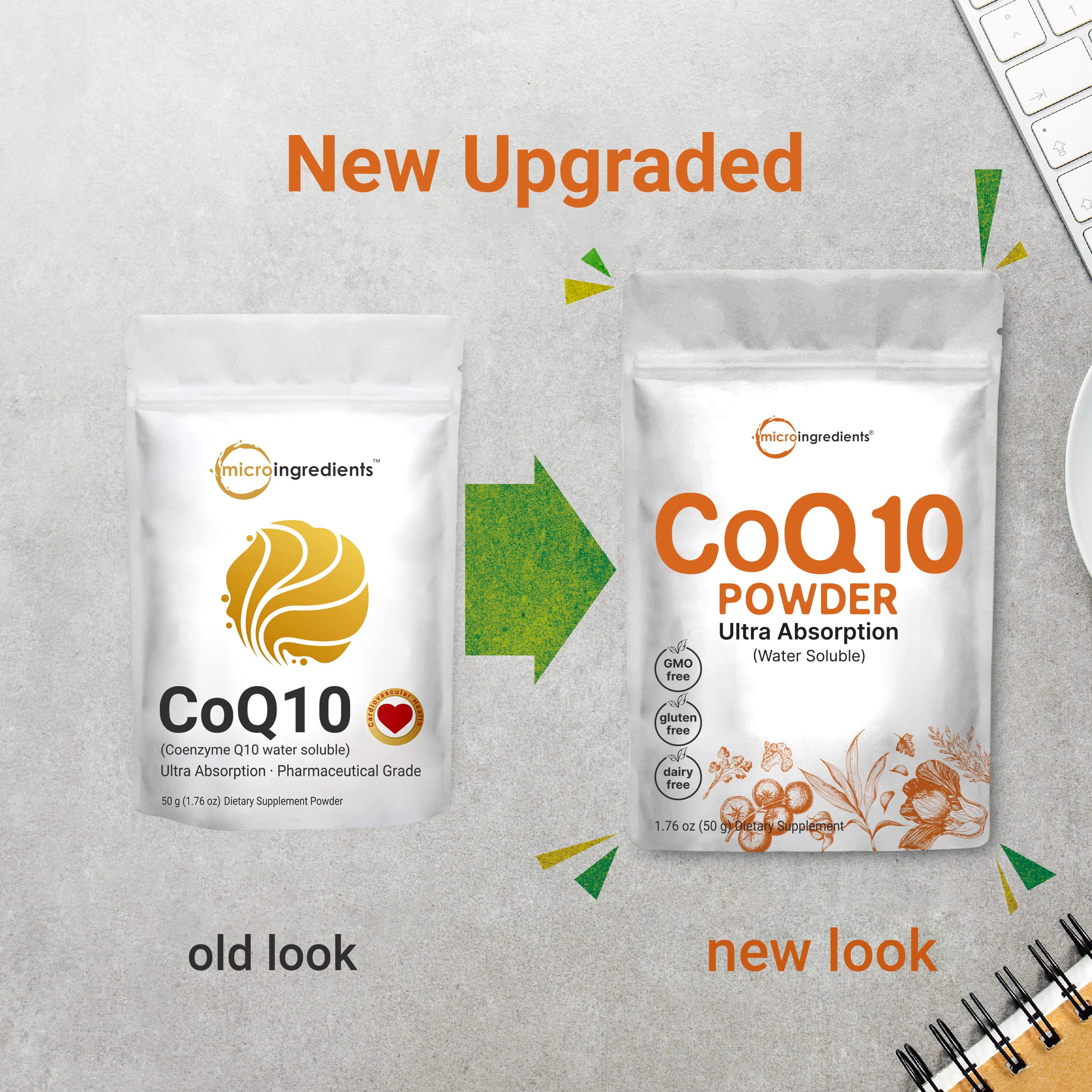 COQ10 powder mixes clearly in water, demonstrating easy blending with Micro Ingredients