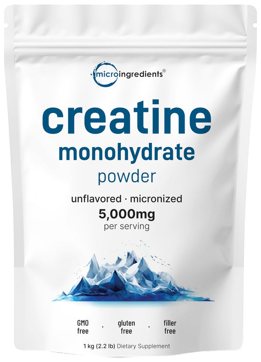 Micro Ingredients creatine monohydrate powder in a 1kg bag for steady workouts.