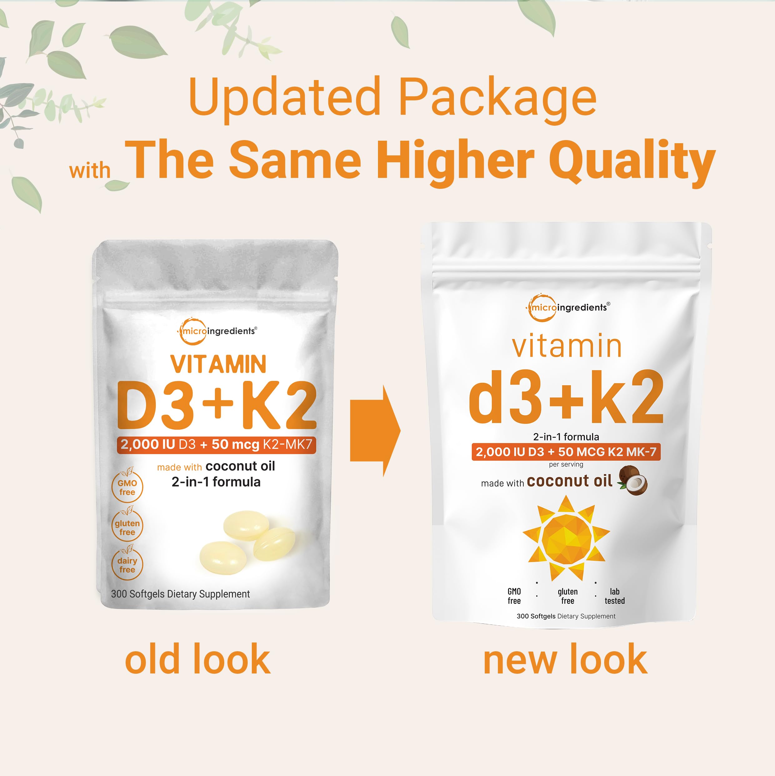 Micro Ingredients D3 K2 label close-up shows non-GMO and coconut oil base.