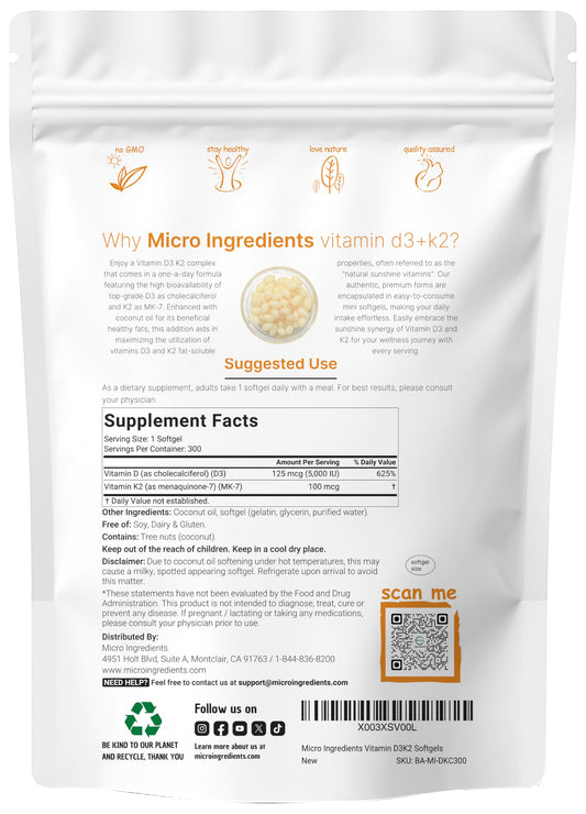 Micro Ingredients D3 K2 softgels close-up showing coconut oil infusion for absorption