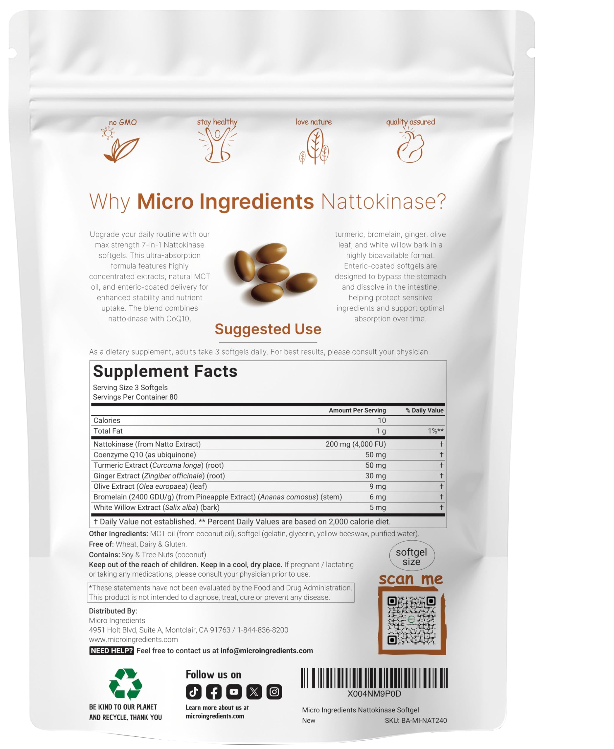 Micro Ingredients enteric-coated nattokinase softgels designed for enhanced absorption in the intestines.