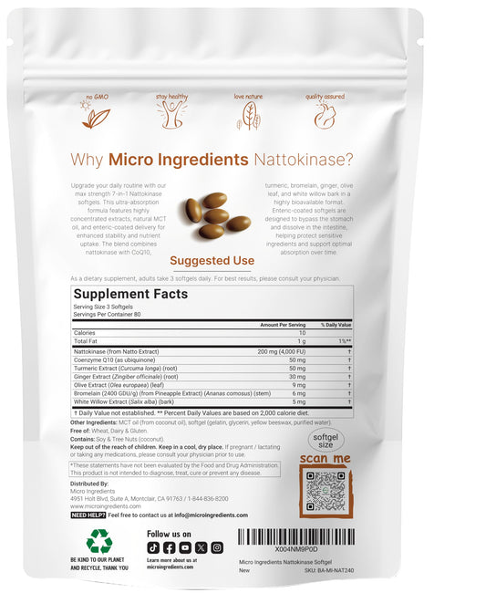 Micro Ingredients enteric-coated nattokinase softgels designed for enhanced absorption in the intestines.