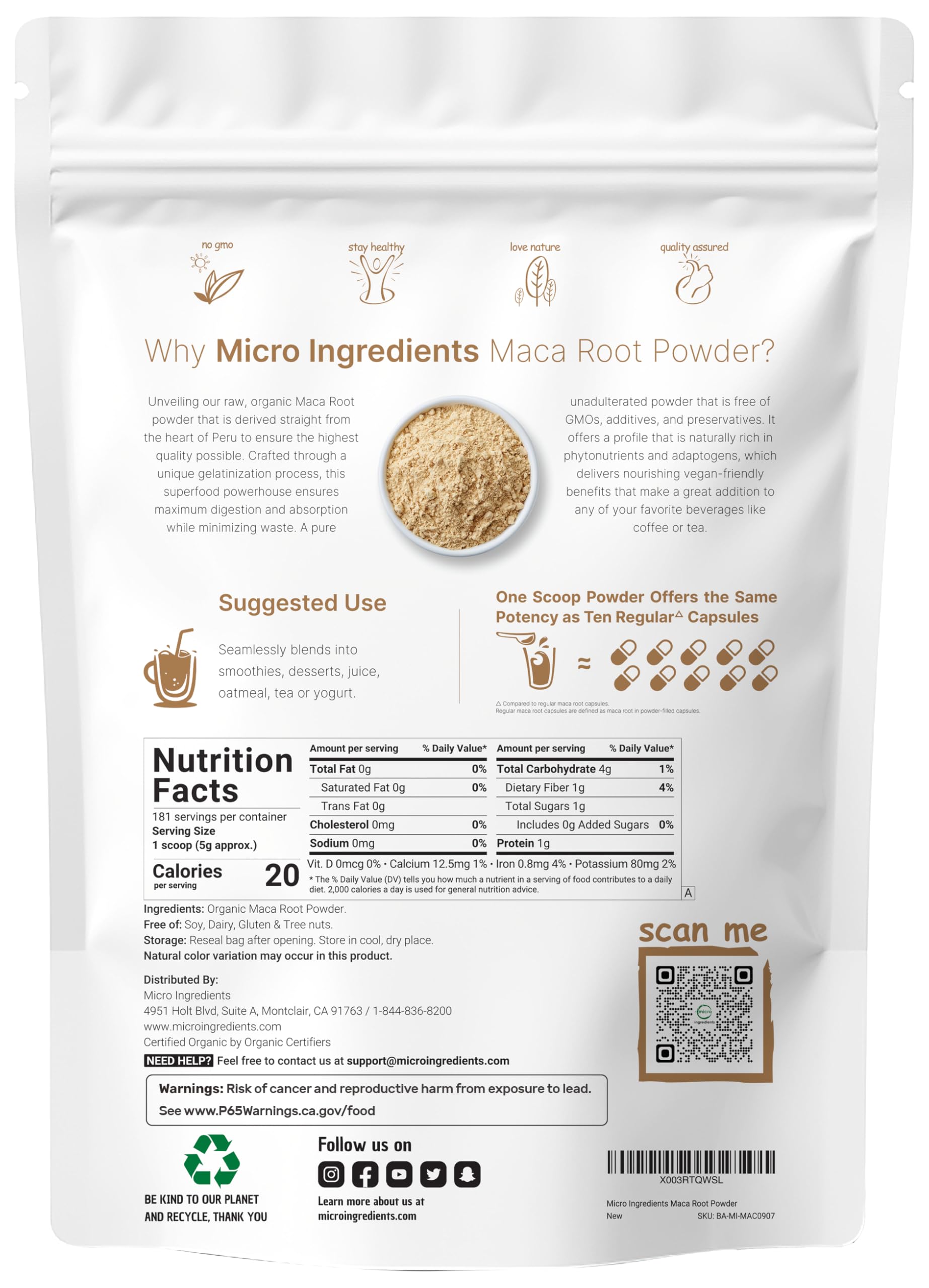 Gelatinized maca powder bag designed for easier absorption in smoothies.