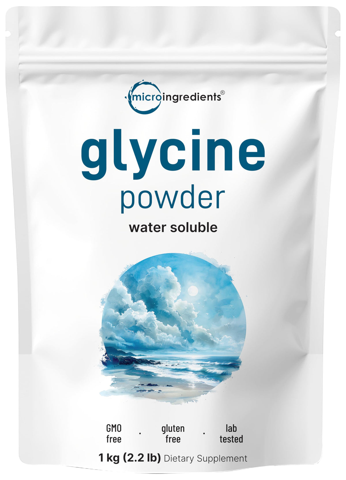 Micro Ingredients glycine powder bottle with scoop for easy daily dosing.