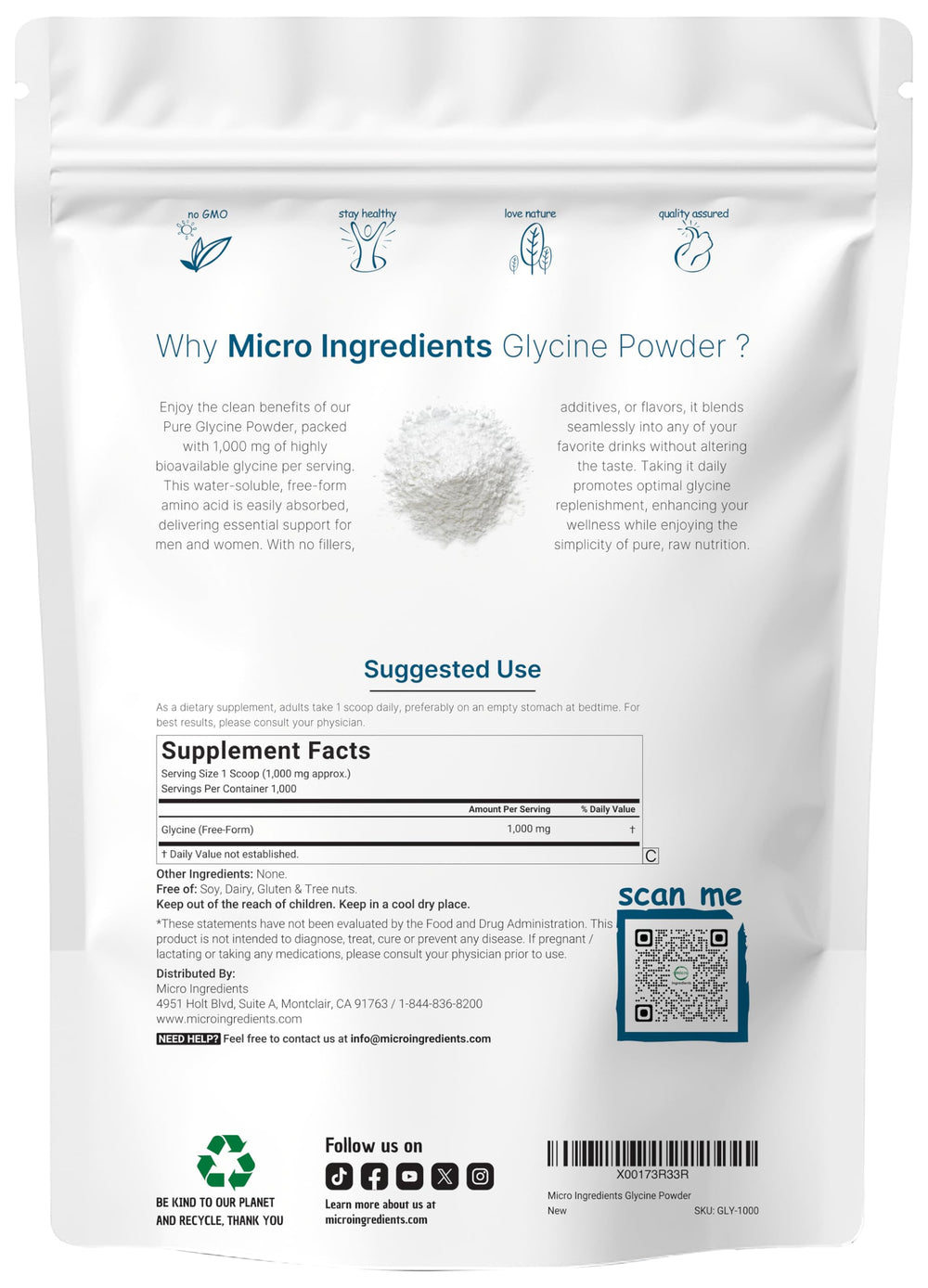 Micro Ingredients glycine powder jar close-up shows fine texture for smooth mixing.