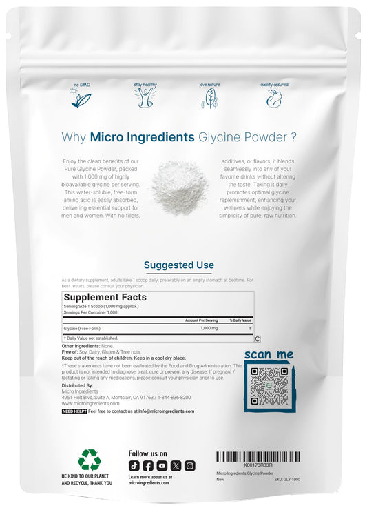 Micro Ingredients glycine powder jar close-up shows fine texture for smooth mixing.