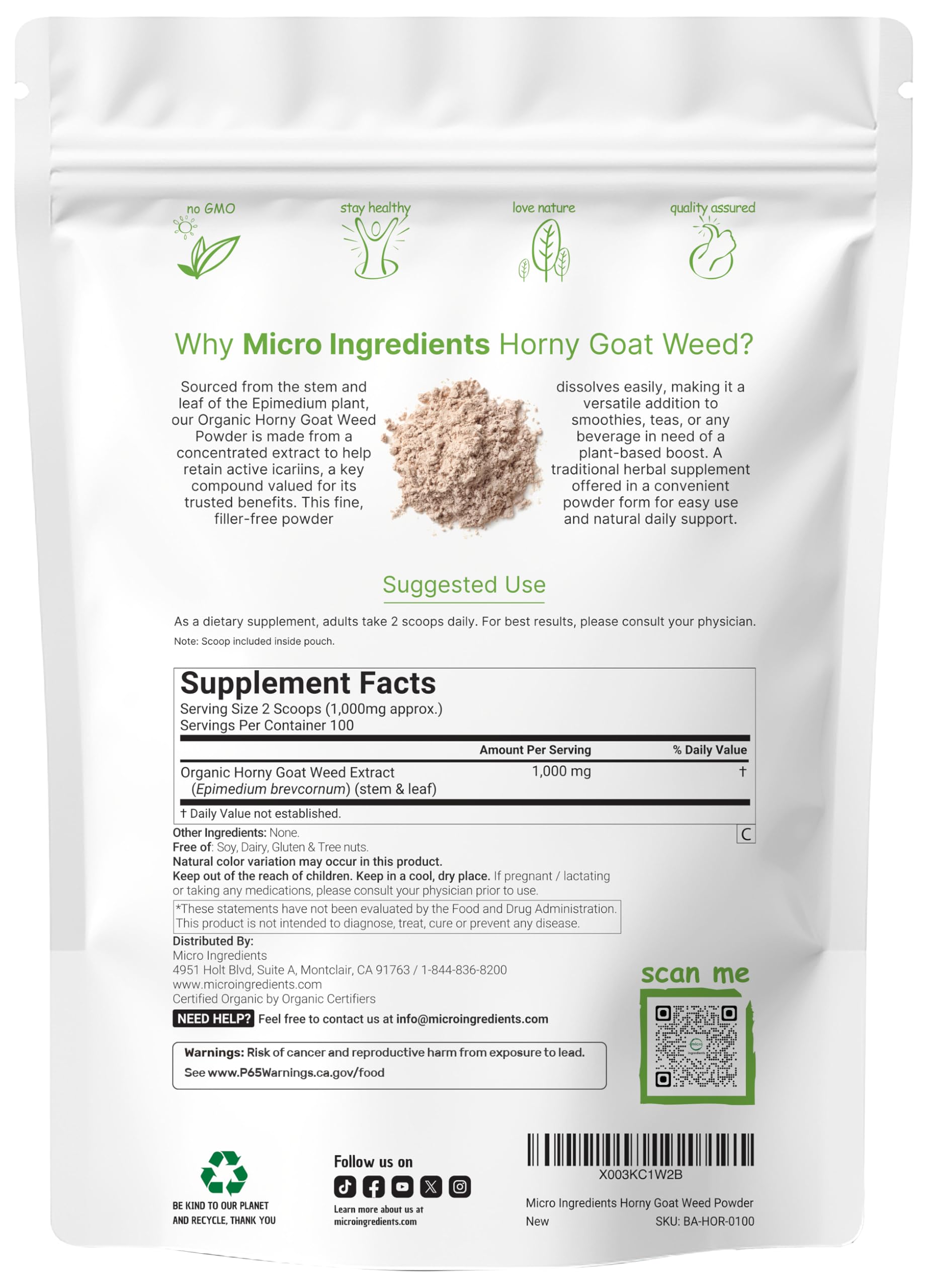 Micro Ingredients horny goat weed scoop illustrating precise dosing for consistent results