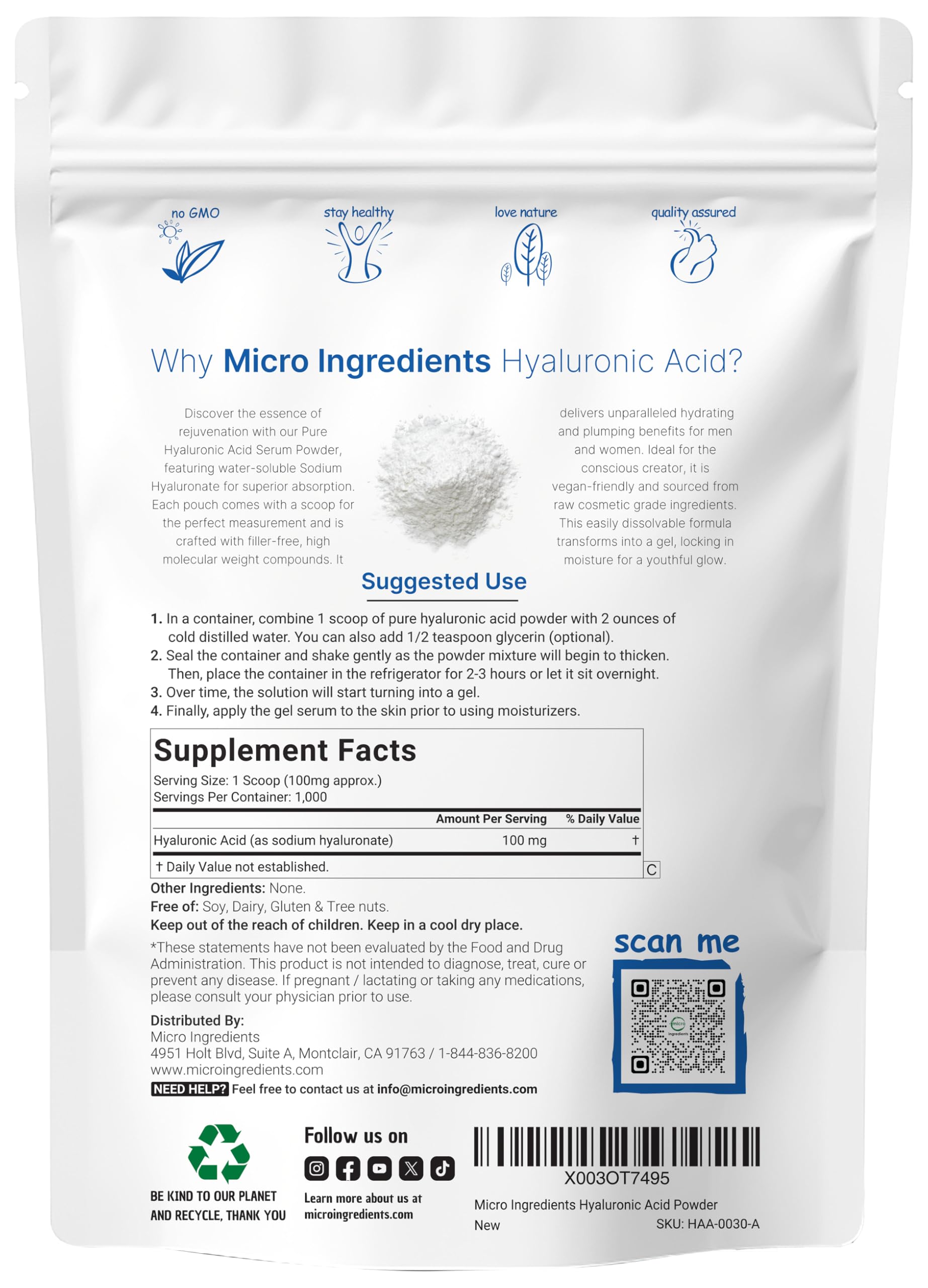 Micro Ingredients Hyaluronic Acid Serum Powder scoop for precise measurement.