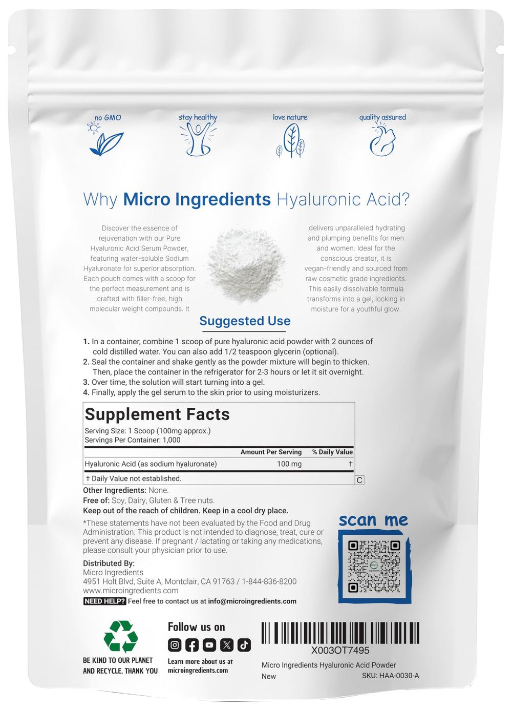 Micro Ingredients Hyaluronic Acid Serum Powder scoop for precise measurement.