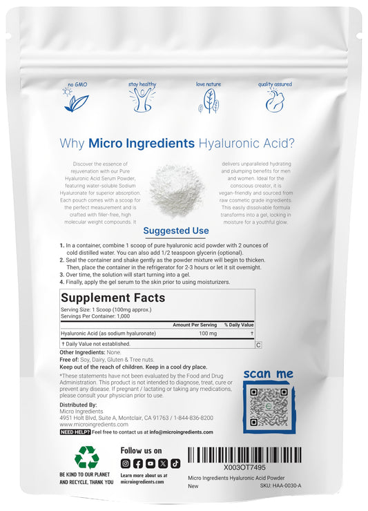 Micro Ingredients Hyaluronic Acid Serum Powder scoop for precise measurement.