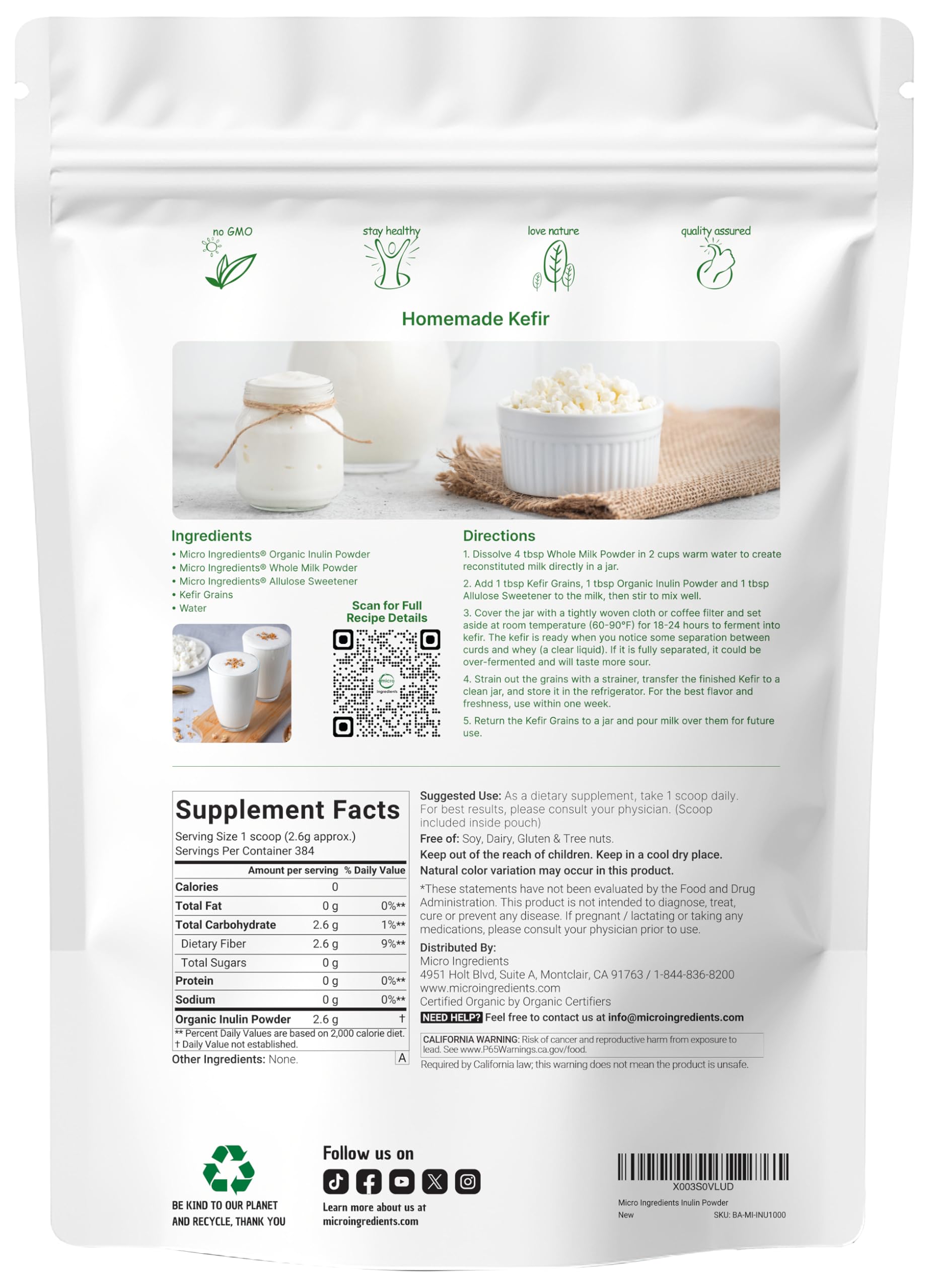 Micro Ingredients Inulin FOS powder scoop showing easy measured portions