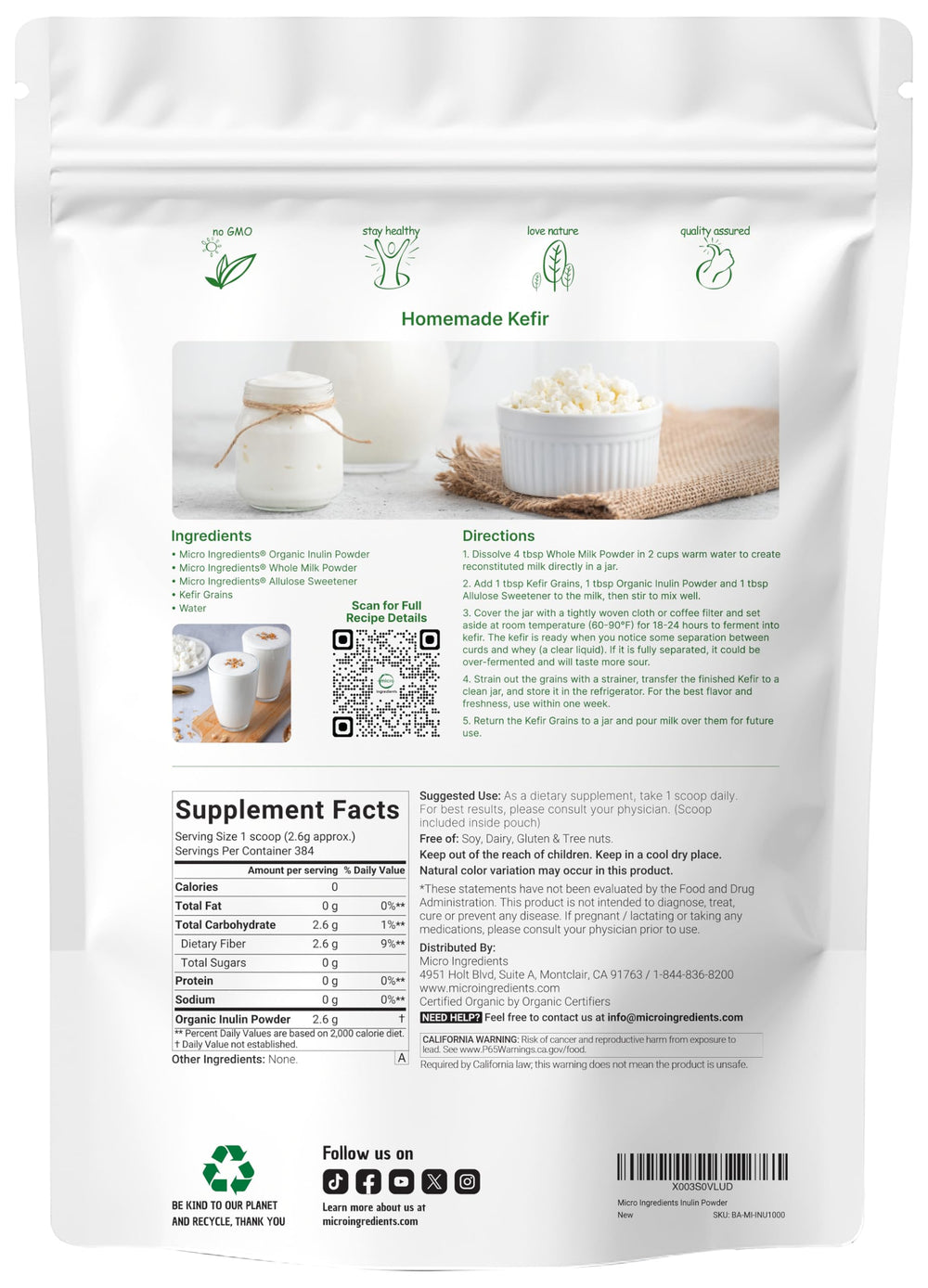 Micro Ingredients Inulin FOS powder scoop showing easy measured portions