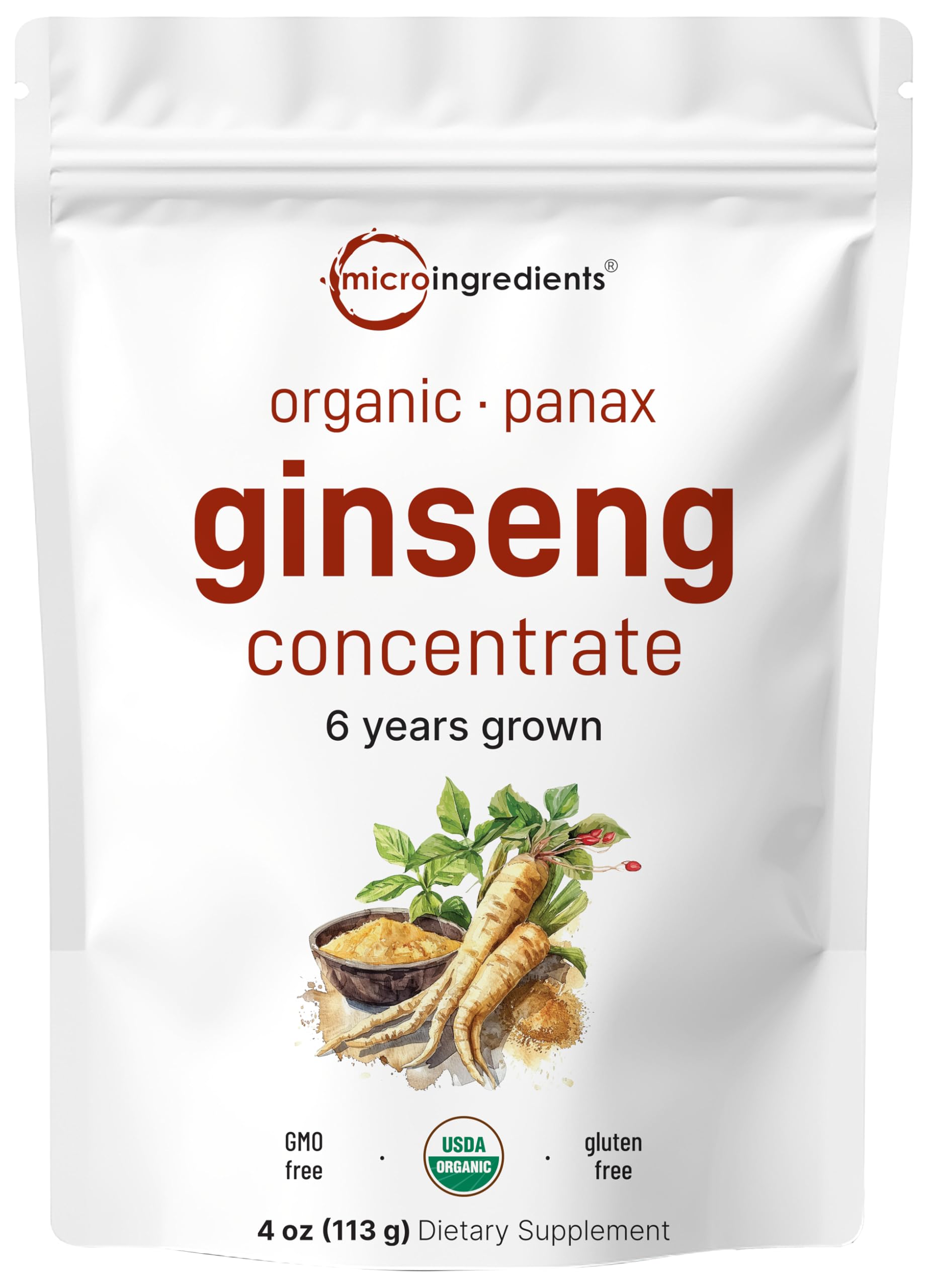 Micro Ingredients Korean ginseng powder bottle front highlighting high ginsenosides for daily energy support.