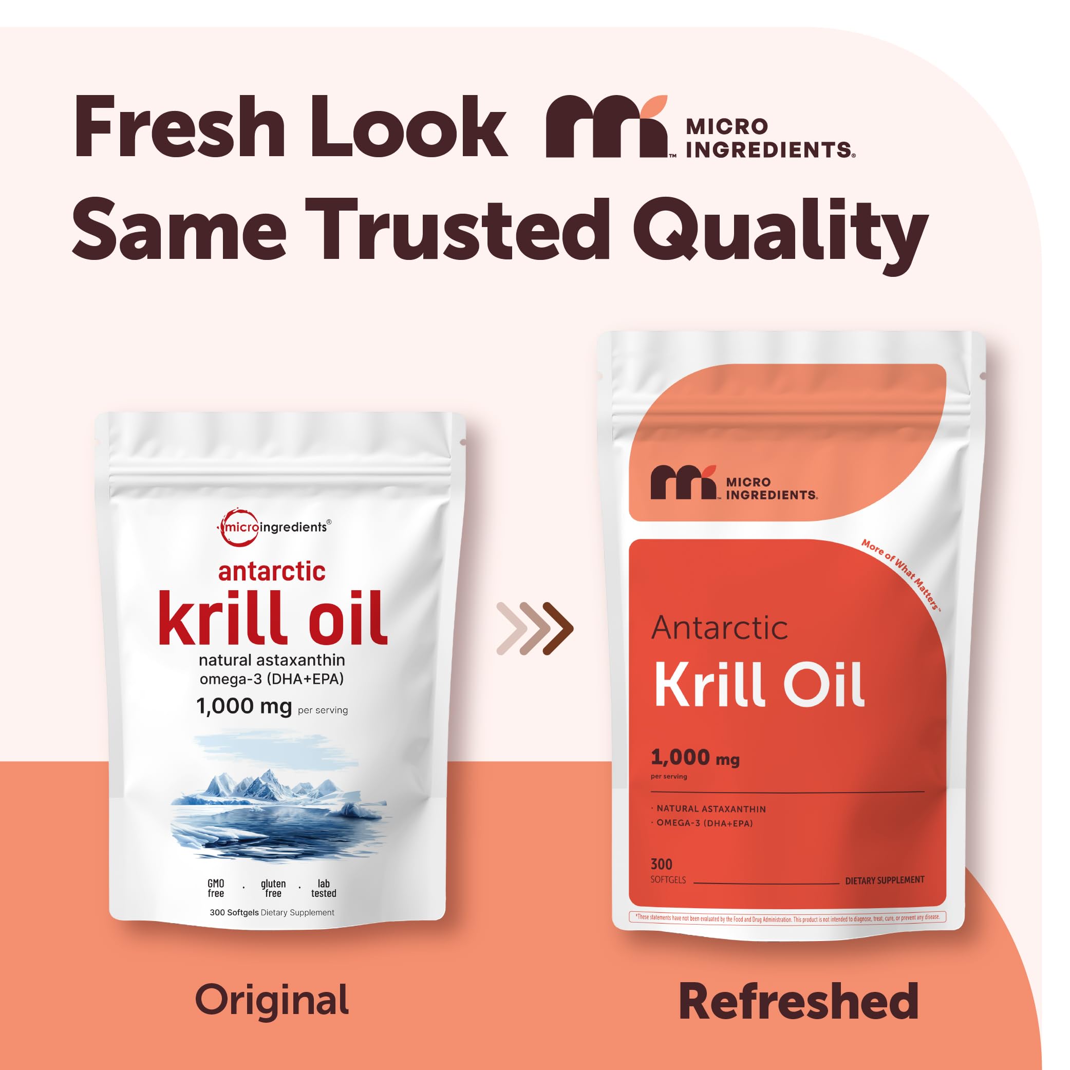 Micro Ingredients krill oil softgels close-up showing easy-swallow capsules.