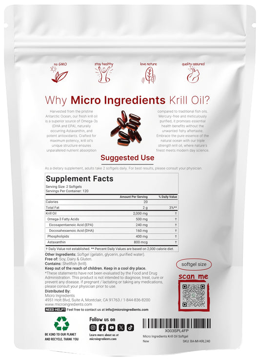 Closeup of Micro Ingredients krill oil softgels, triple strength and easy to swallow