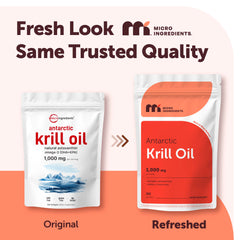 Micro Ingredients krill oil softgels close-up showing easy-swallow capsules.