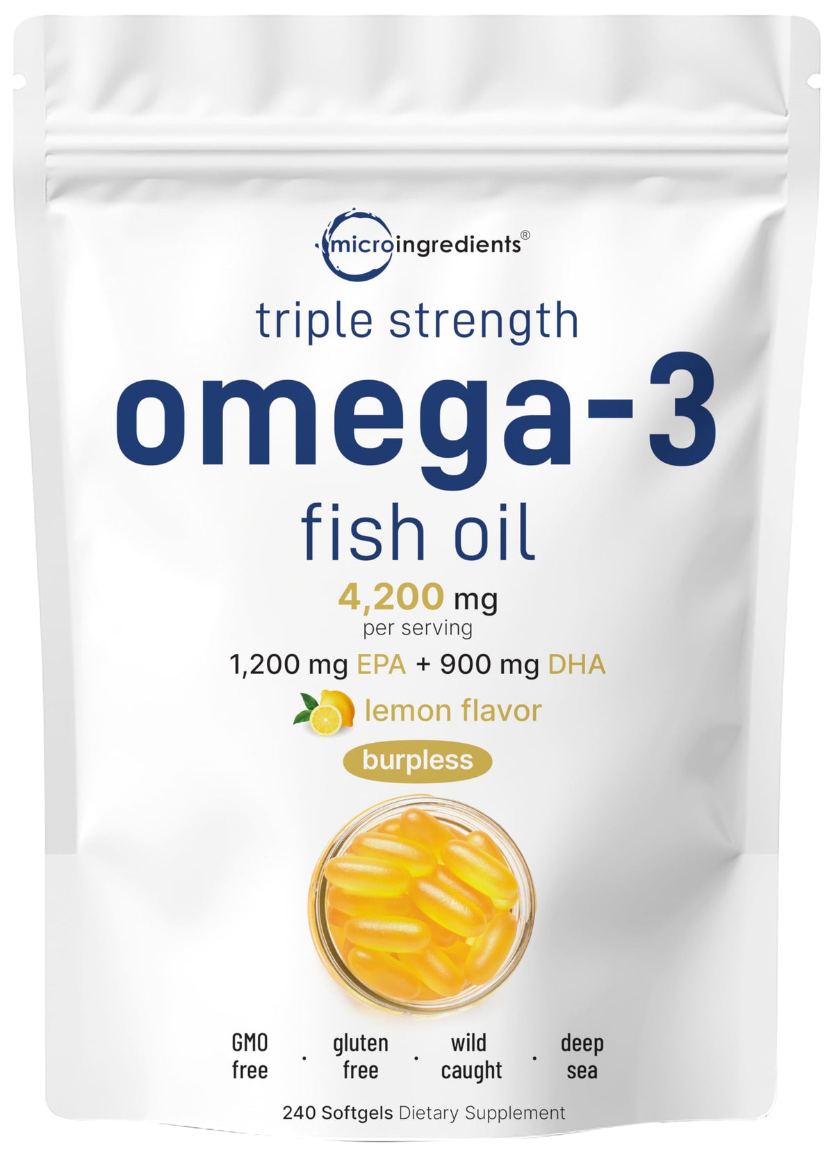 Micro Ingredients lemon-flavored omega-3 softgels bottle for easy daily ingestion.