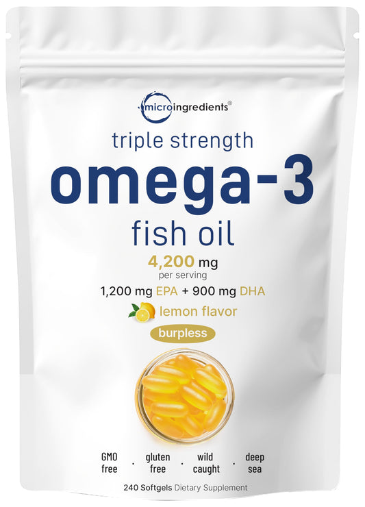 Micro Ingredients lemon-flavored omega-3 softgels bottle for easy daily ingestion.