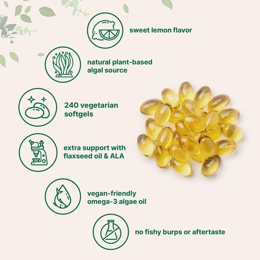 Micro Ingredients lemon-flavored algae oil softgels stacked for daily supplementation