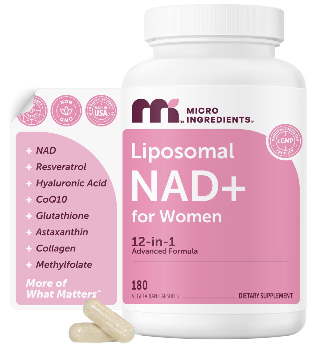 Micro Ingredients Liposomal NAD+ for Women bottle with 180 capsules supports daily energy and balance.