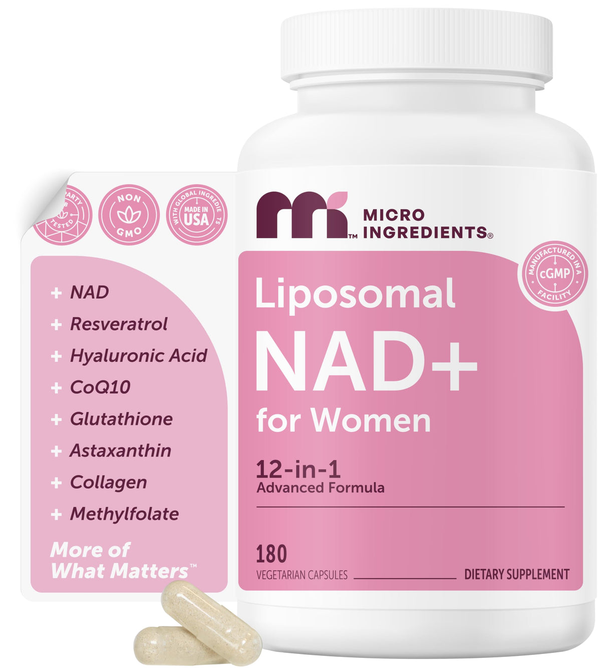 Micro Ingredients Liposomal NAD+ for Women bottle with 180 capsules supports daily energy and balance.
