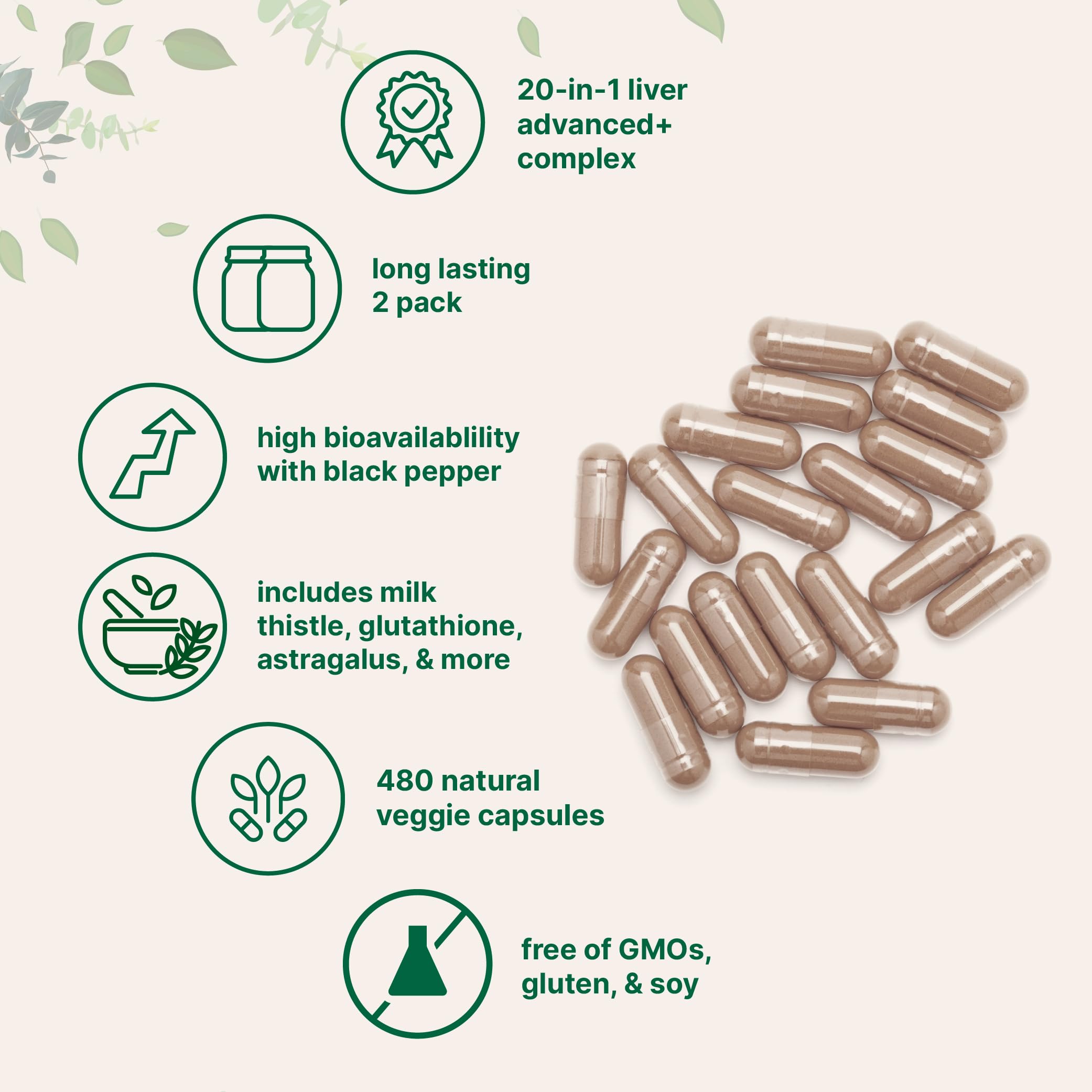 Ingredient-scene for Liver Advanced+ featuring milk thistle, dandelion, and artichoke