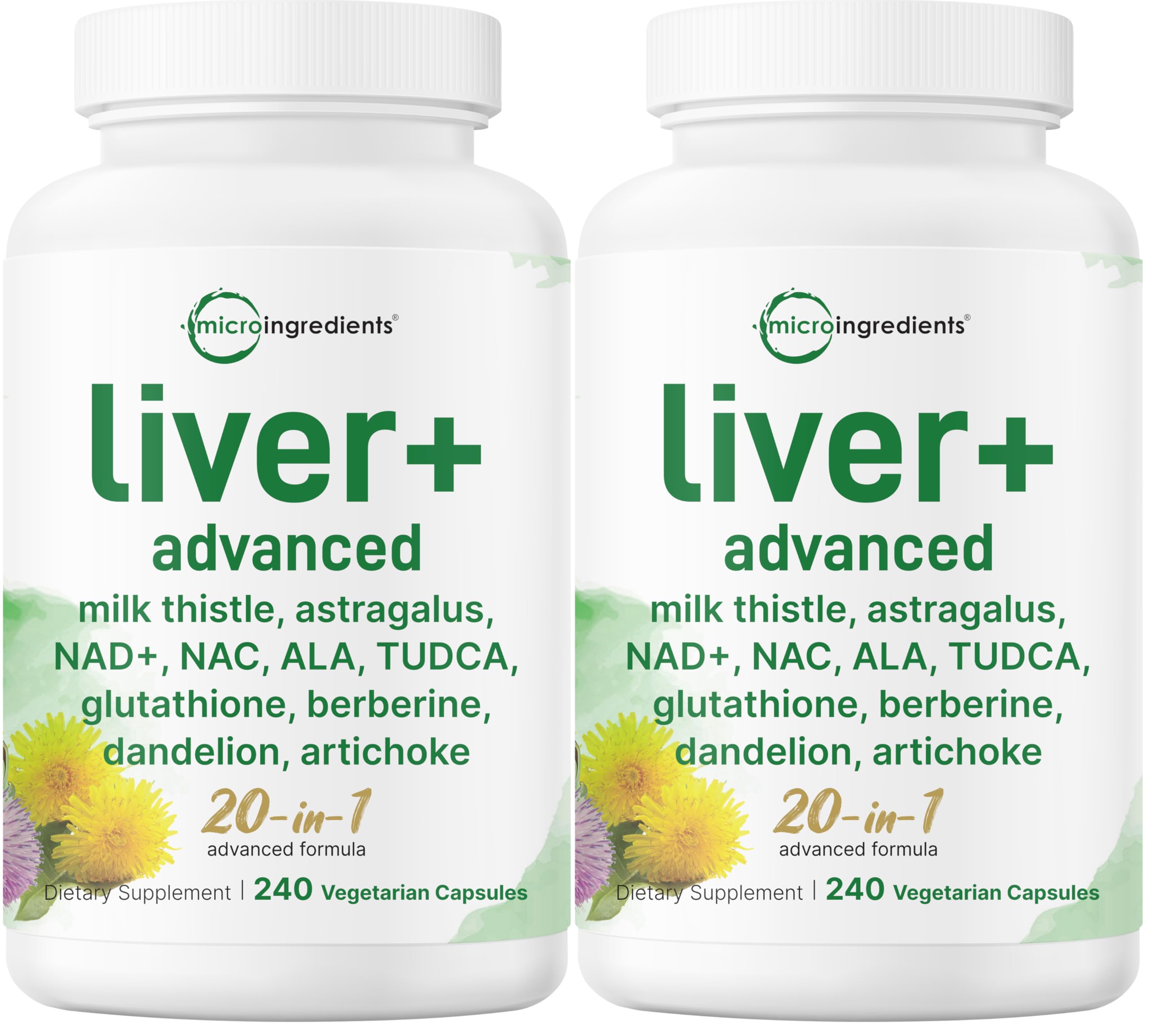 Micro Ingredients Liver Advanced+ bottle front view showing the 20-in-1 formula for potential liver support