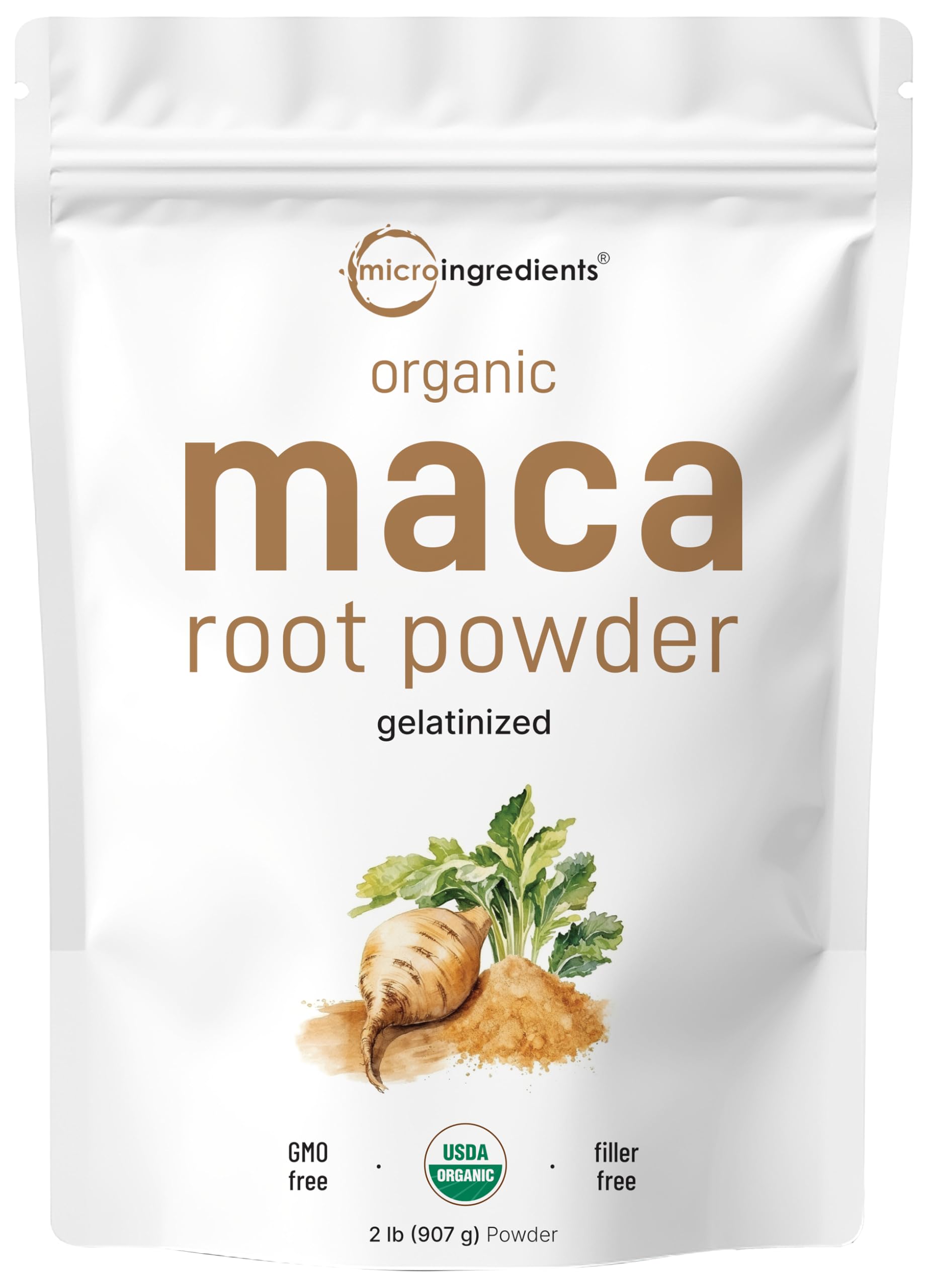 Micro Ingredients maca root powder jar showing organic Peru origin for daily nutrition.