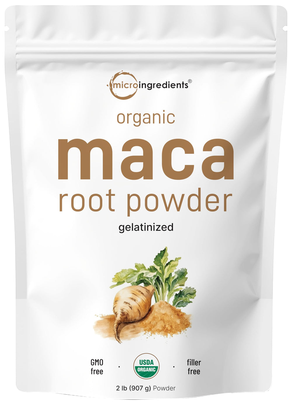 Micro Ingredients maca root powder jar showing organic Peru origin for daily nutrition.