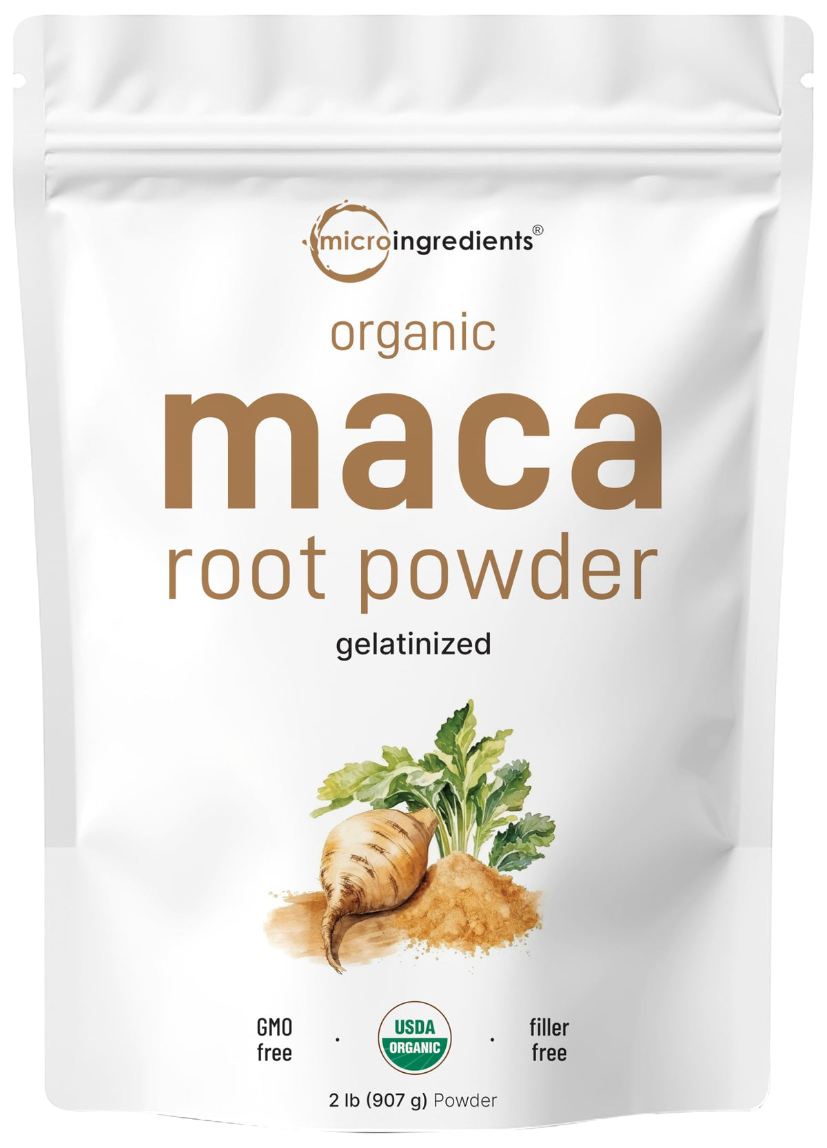 Micro Ingredients maca root powder jar showing organic Peru origin for daily nutrition.